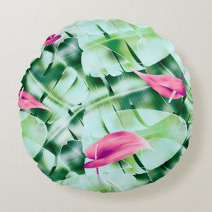 Seamless tropical leaves pattern background, retro round pillow