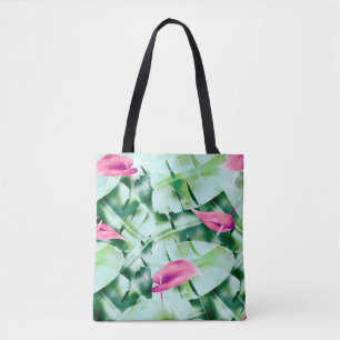 Seamless tropical leaves pattern background, retro tote bag