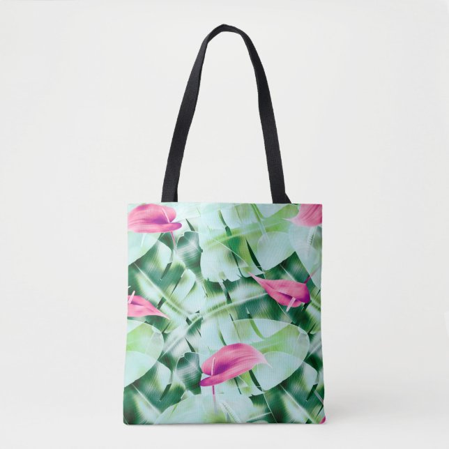 Seamless tropical leaves pattern background, retro tote bag (Front)