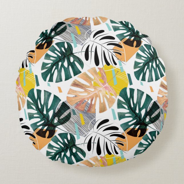 Seamless tropical pattern. Green leaves of a palm  Round Pillow (Front)
