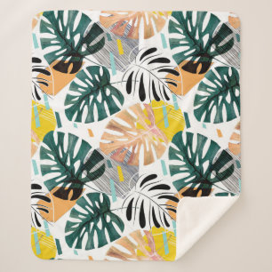 Seamless tropical pattern. Green leaves of a palm  Sherpa Blanket