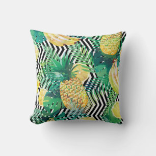 Seamless tropical pattern with bananas lemons palm throw pillow