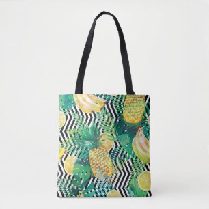 Seamless tropical pattern with bananas lemons palm tote bag