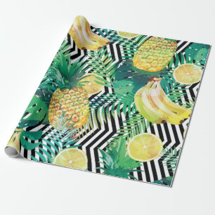 Seamless tropical pattern with bananas lemons palm wrapping paper