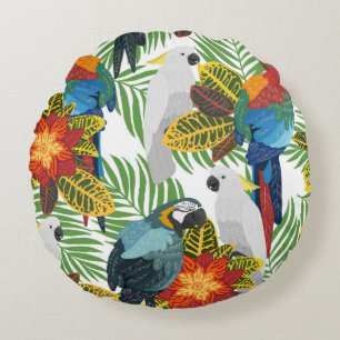 Seamless tropical pattern with parrots.  round pillow