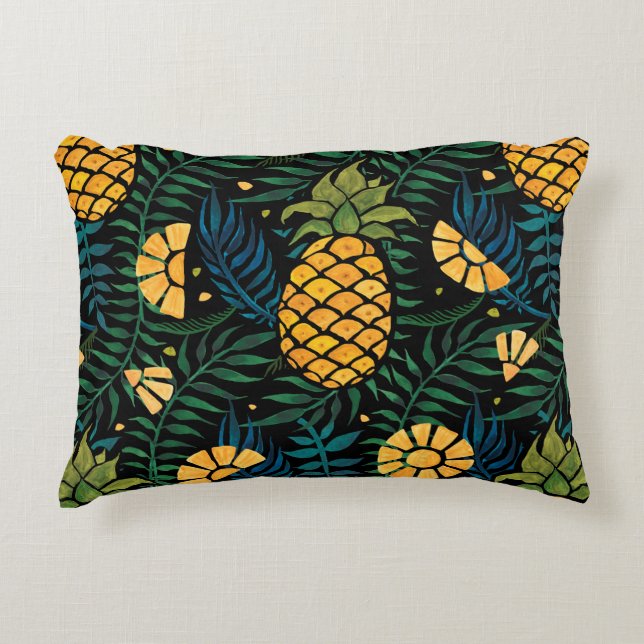 Seamless tropical pattern with pineapples and palm accent pillow (Front)