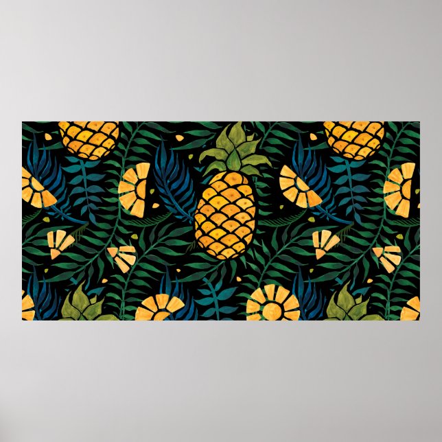 Seamless tropical pattern with pineapples and palm poster (Front)
