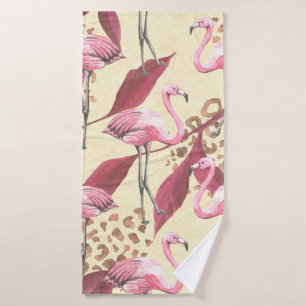 Seamless tropical pattern with pink flamingo, leav bath towel