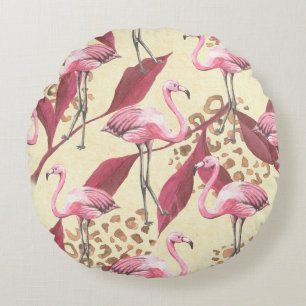 Seamless tropical pattern with pink flamingo, leav round pillow