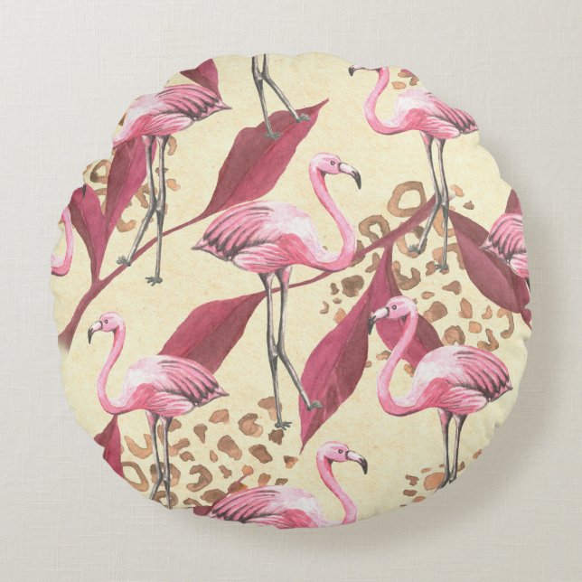 Seamless tropical pattern with pink flamingo, leav round pillow (Front)