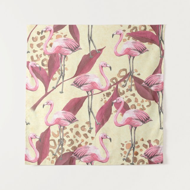Seamless tropical pattern with pink flamingo, leav tapestry (Front)