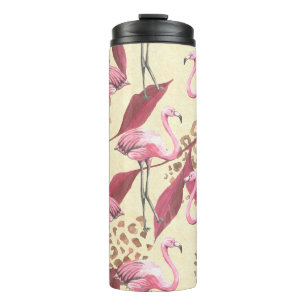 Seamless tropical pattern with pink flamingo, leav thermal tumbler