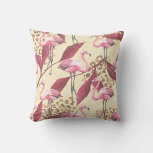 Seamless tropical pattern with pink flamingo, leav throw pillow
