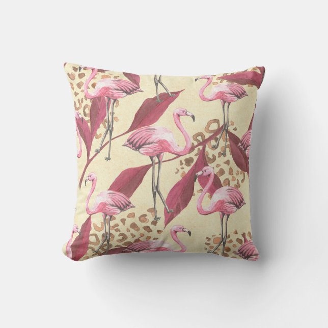 Seamless tropical pattern with pink flamingo, leav throw pillow (Front)