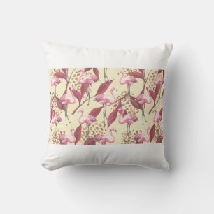 Seamless tropical pattern with pink flamingo, leav throw pillow