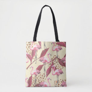 Seamless tropical pattern with pink flamingo, leav tote bag