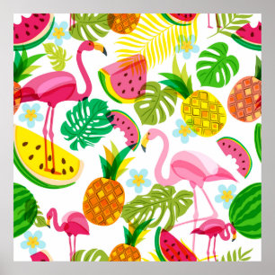 Seamless tropical pattern with pink flamingo, palm poster