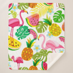 Seamless tropical pattern with pink flamingo, palm sherpa blanket