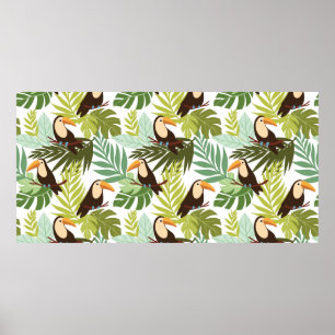 Seamless tropical pattern with toucan and palm lea poster