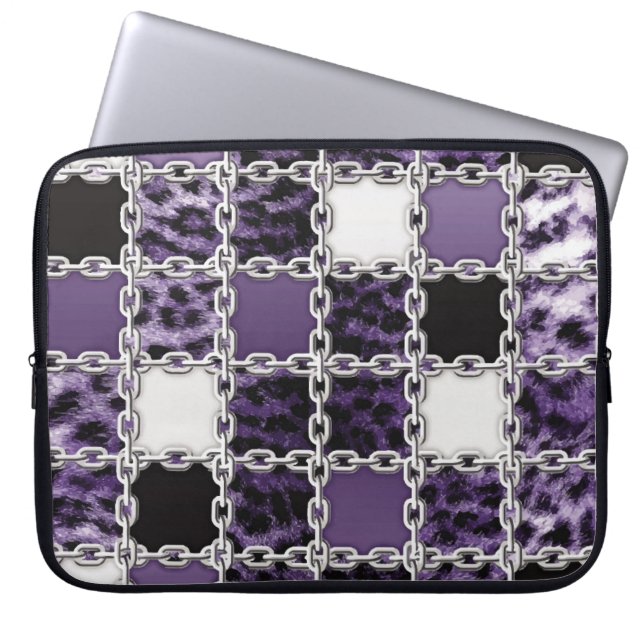 Seamless ultraviolet leopard and silver chain patt laptop sleeve (Front)