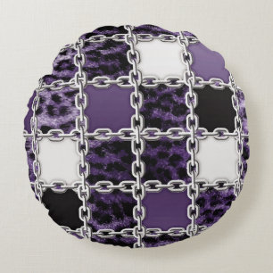 Seamless ultraviolet leopard and silver chain patt round pillow