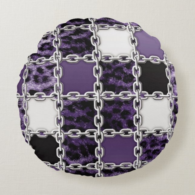 Seamless ultraviolet leopard and silver chain patt round pillow (Front)
