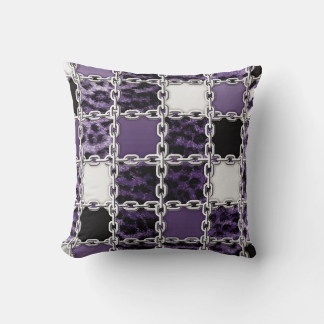 Seamless ultraviolet leopard and silver chain patt throw pillow (Front)