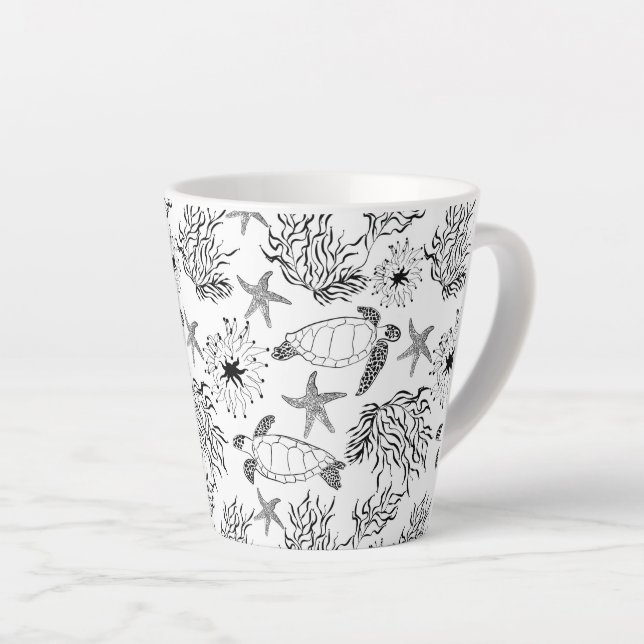 Seamless underwater sea ocean turtle plants coral  latte mug (Right Angle)