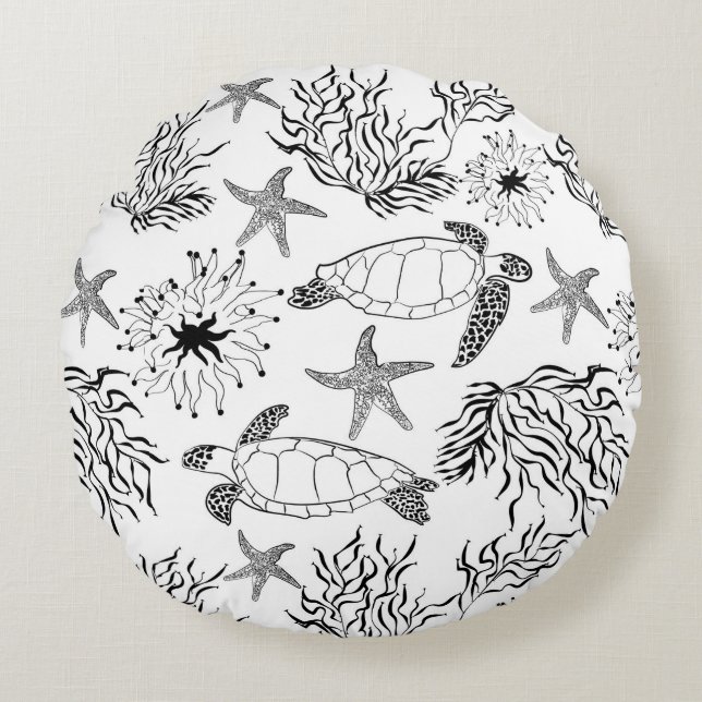 Seamless underwater sea ocean turtle plants coral round pillow (Front)