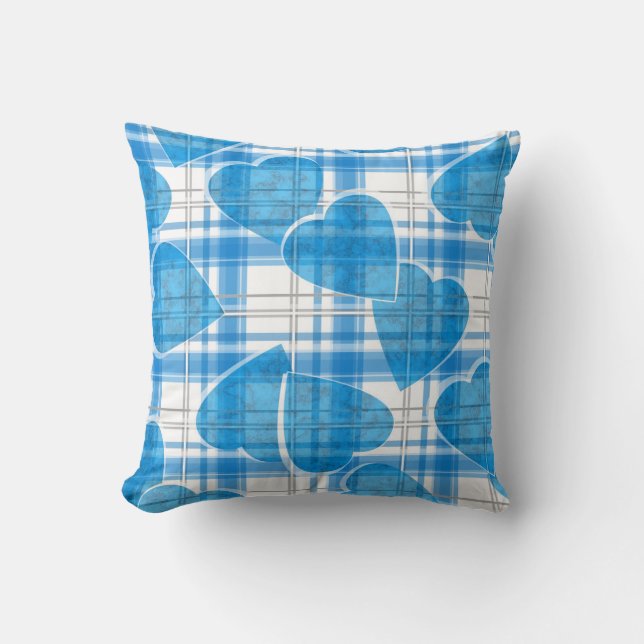 Seamless Valentines Day blue hearts chequered plai Throw Pillow (Front)