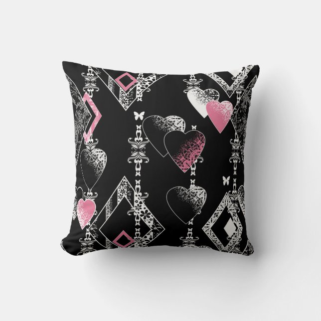 Seamless Valentines Day love black pattern hearts Throw Pillow (Front)