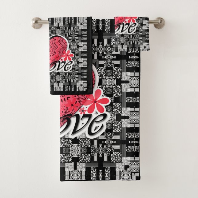 Seamless Valentine's Day Love grey white red patte Bath Towel Set (Insitu)