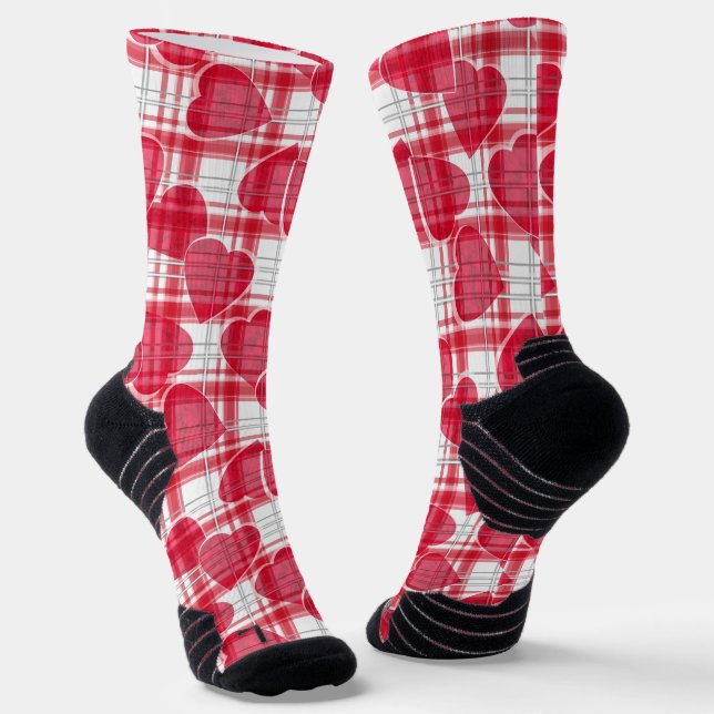 Seamless Valentines Day red hearts chequered plaid Socks (Angled)