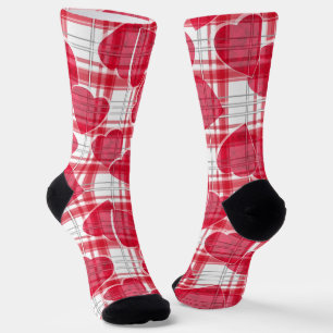 Seamless Valentines Day red hearts chequered plaid Socks