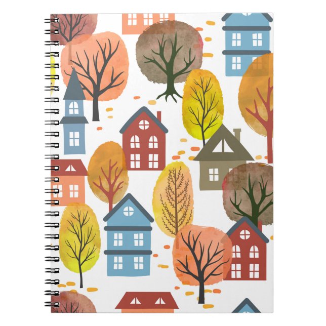 Seamless vintage autumn city pattern with watercol notebook (Front)