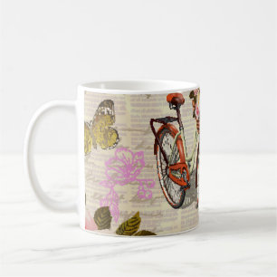 Seamless vintage background with roses, butterfly coffee mug
