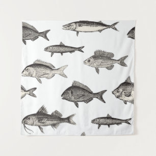 Seamless vintage fish patternvintage, fish, patter tapestry