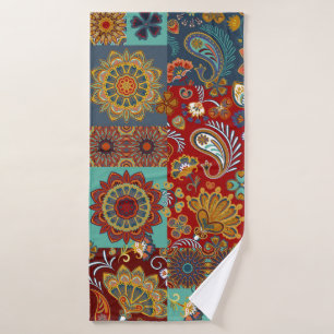 Seamless vintage patchwork tile with paisley and m bath towel