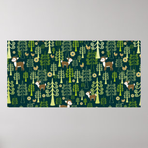 Seamless vintage pattern with spruce trees, fawn d poster