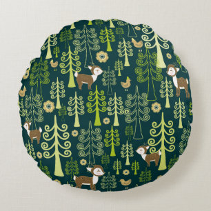 Seamless vintage pattern with spruce trees, fawn d round pillow
