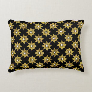 Seamless vintage star flower pattern. Gold and bla Accent Pillow