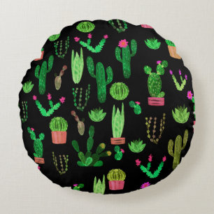 Seamless watercolor cactuses plant pattern backgro round pillow