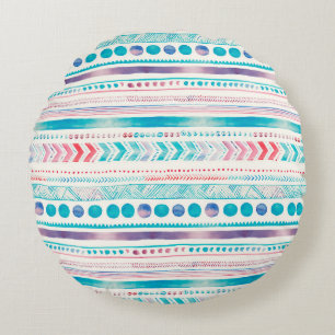 Seamless Watercolor Ethnic Tribal Ornamental Patte Round Pillow