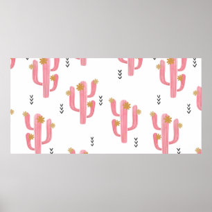 Seamless watercolor flowering cactus pattern. Vint Poster