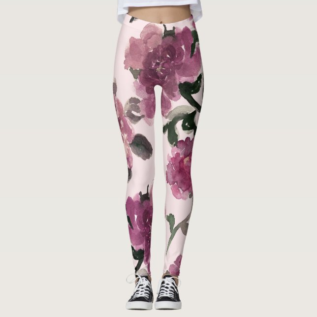Seamless Watercolor Flowers Illustration Pattern Leggings (Front)