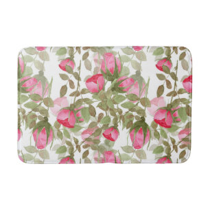 Seamless watercolor flowers pink roses floral  bath mat