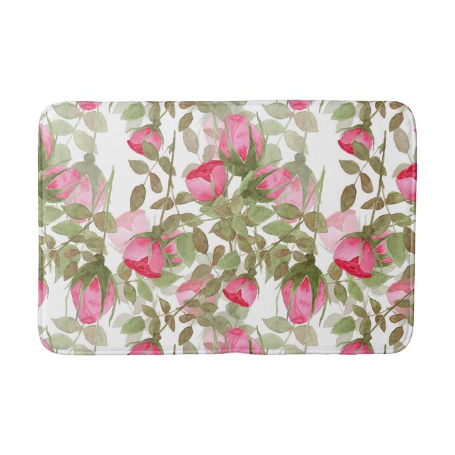 Seamless watercolor flowers pink roses floral  bath mat (Front)