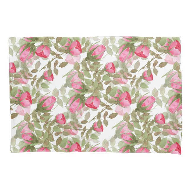 Seamless watercolor flowers pink roses floral  pillowcase (Front)