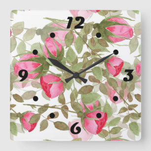 Seamless watercolor flowers pink roses floral roma square wall clock