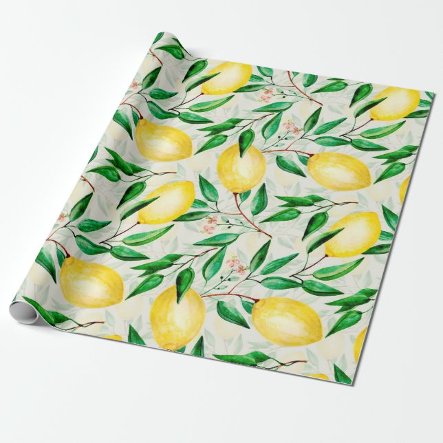 Seamless watercolor fruit pattern. lemons on twigs wrapping paper (Unrolled)